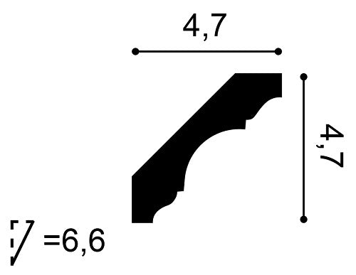 Small, Swans Neck, Plain Coving, Hilldrop Lightweight Coving C215, 47mm ceiling height, 47mm wall drop, 66mm diagonal.