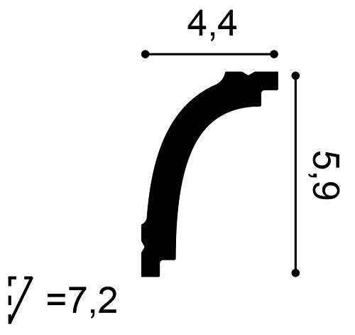 Small, Plain Coving, Chelsea Lightweight Budget Coving CB523, 44mm ceiling height, 59mm wall drop, 72mm diagonal.