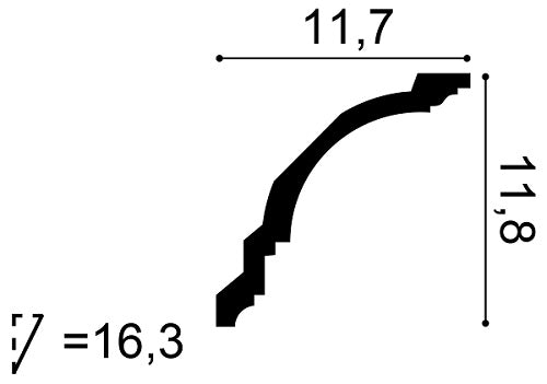 Medium-sized, Dentil piece, Lightweight Coving CX107, 117mm ceiling height, 118 wall drop, 163mm diagonal.