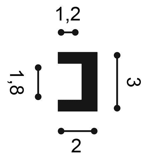 Small, Geometric, Plain Coving, U-Shaped, Lightweight Skirting Board CX190 cross section of 30mm by 20mm, with a 12mm by 18mm hollow interior.