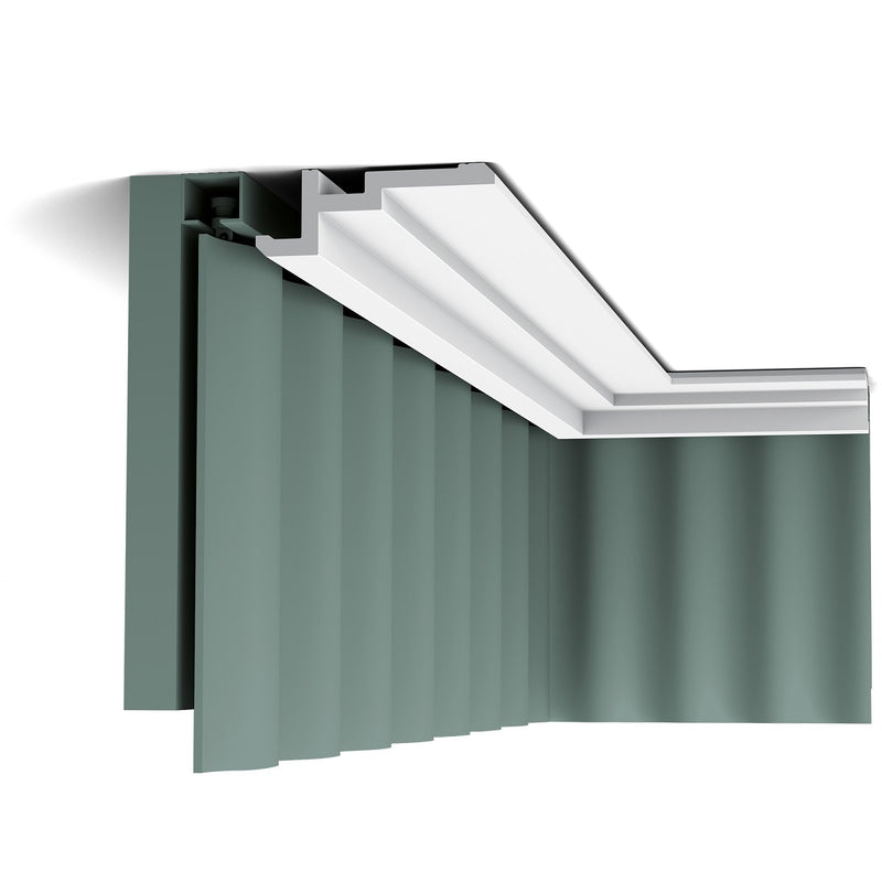 Medium-sized, Plain Coving, Modern, U-Stepped, Lightweight Coving CX196 as a curtain rail mask.