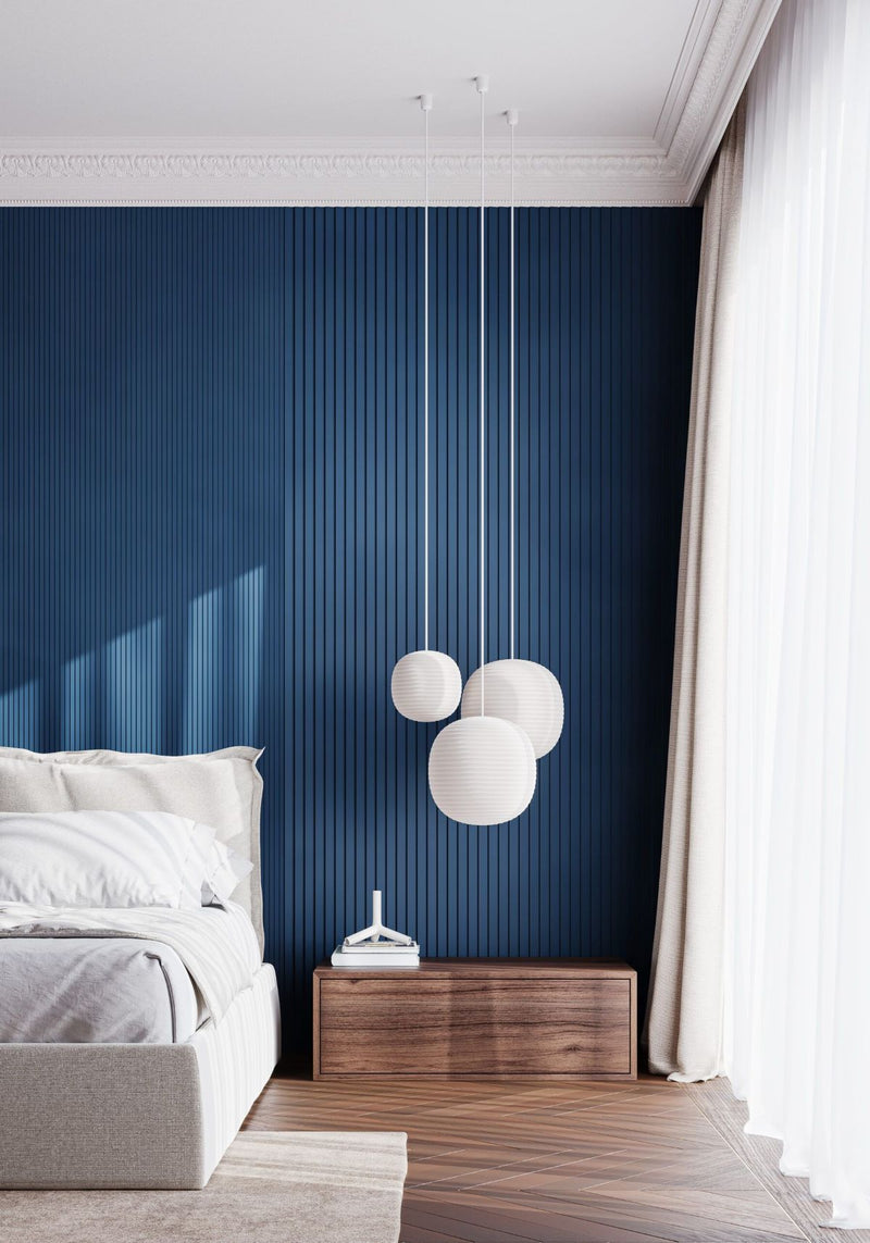 Ripple, Lightweight 3D Wall Panel WX204 used vertically in a bedroom, with sides A and B used intermittently.