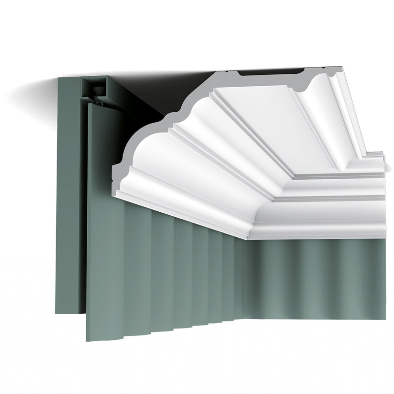 Large, Traditional, Plain Coving, Stratford Lightweight Coving C340 as a curtain rail mask.