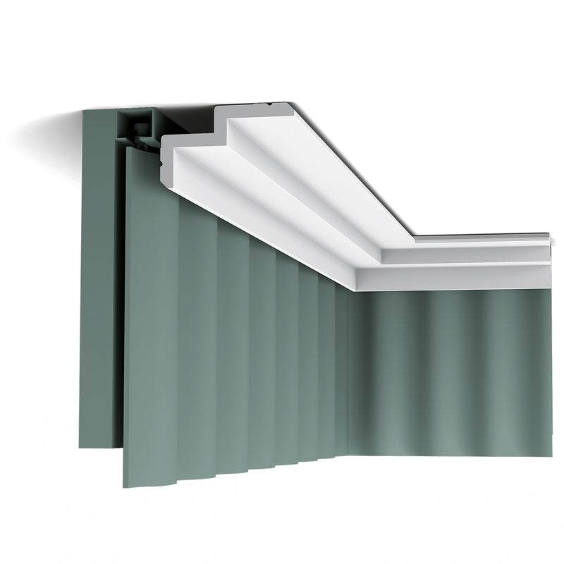 Small, Plain Coving, Modern, Stepped, Lightweight Coving C390, as a curtain rail mask.
