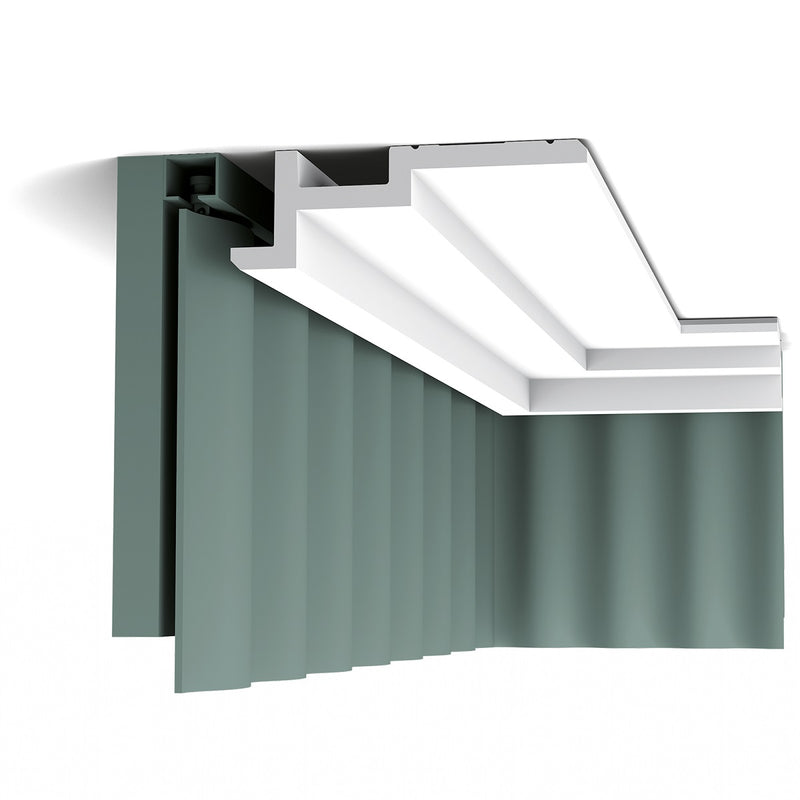 Large, Plain Coving, Stepped, Modern, Lightweight Coving C396 as a curtain rail mask.