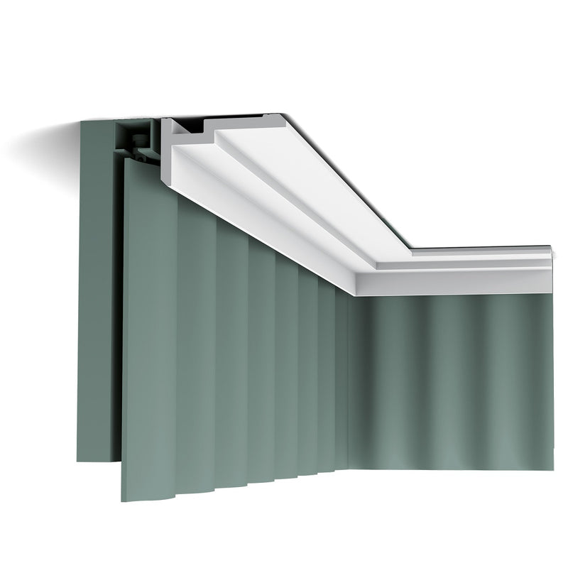 Medium-sized, Plain Coving, Modern, U-Stepped, Lightweight Coving CX197, with spacing for a curtain profile.