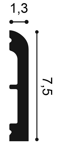 Plain, Lightweight Flexible Skirting Board SX183F, 13mm wide, 75mm tall.